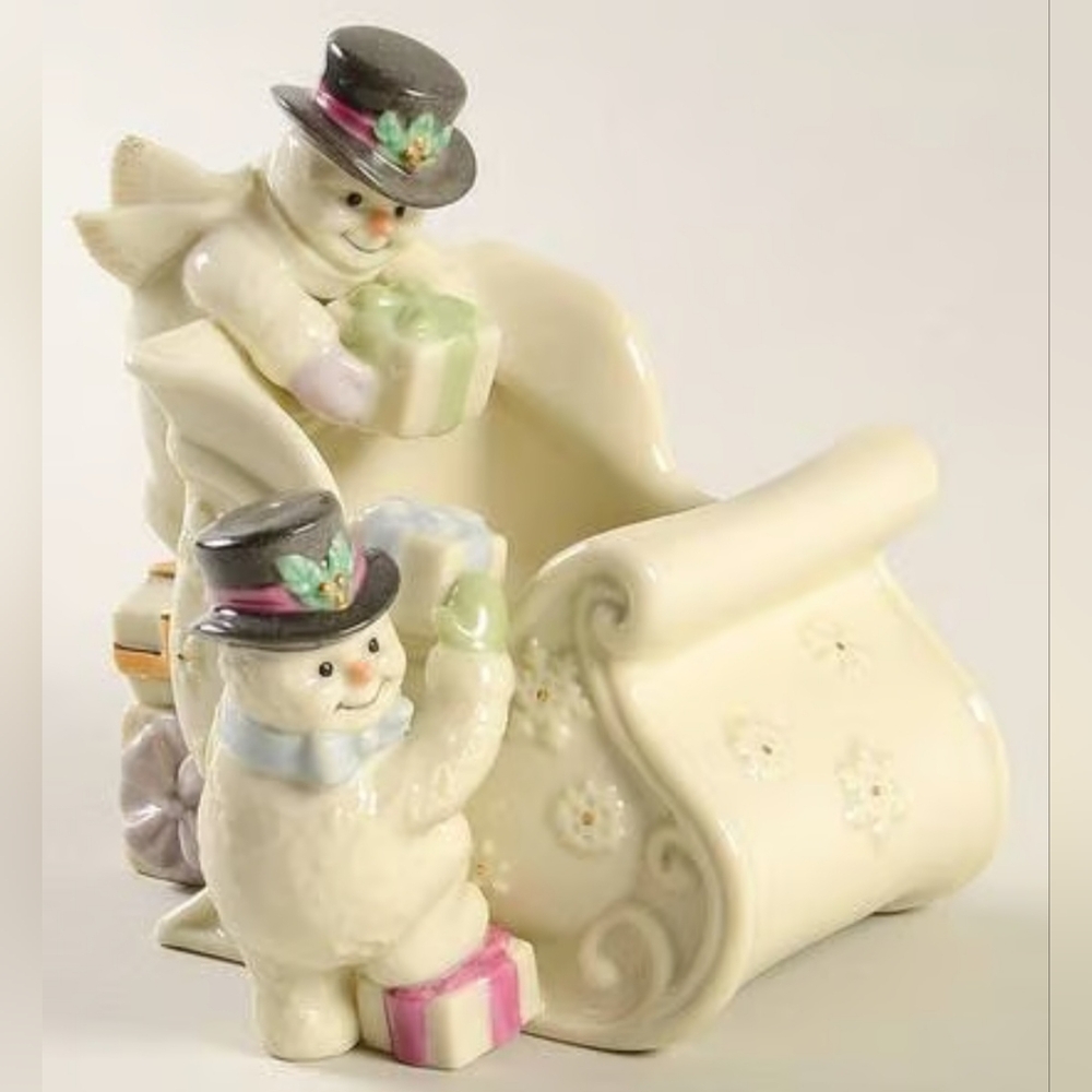 Lenox Vintage 2001 Discontined 2 Snowman on Sleigh Candy Dish 4 1/2" PRE-OWNED